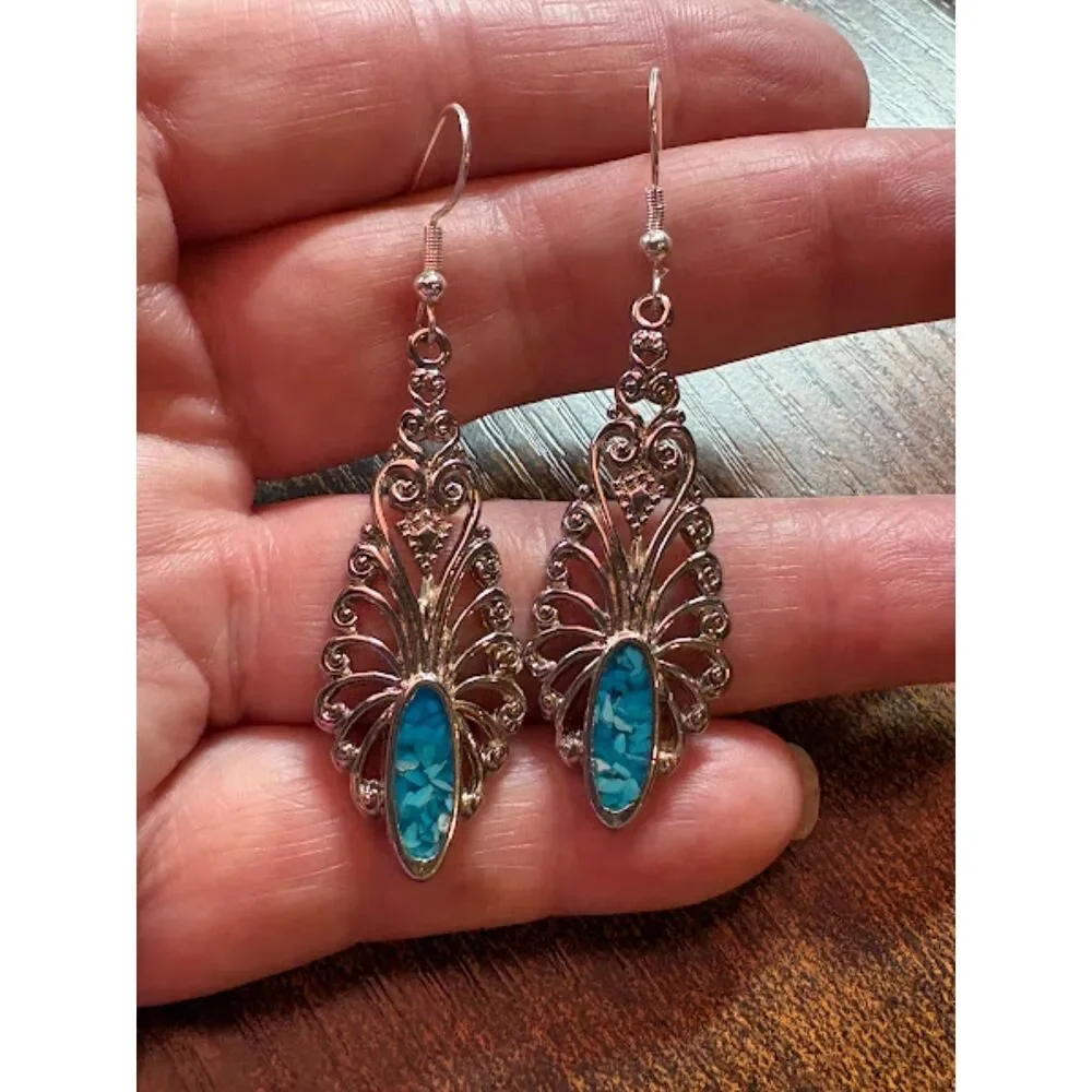 Intricate S925 Vintage Filigree Silver and Blue Marble  Earrings